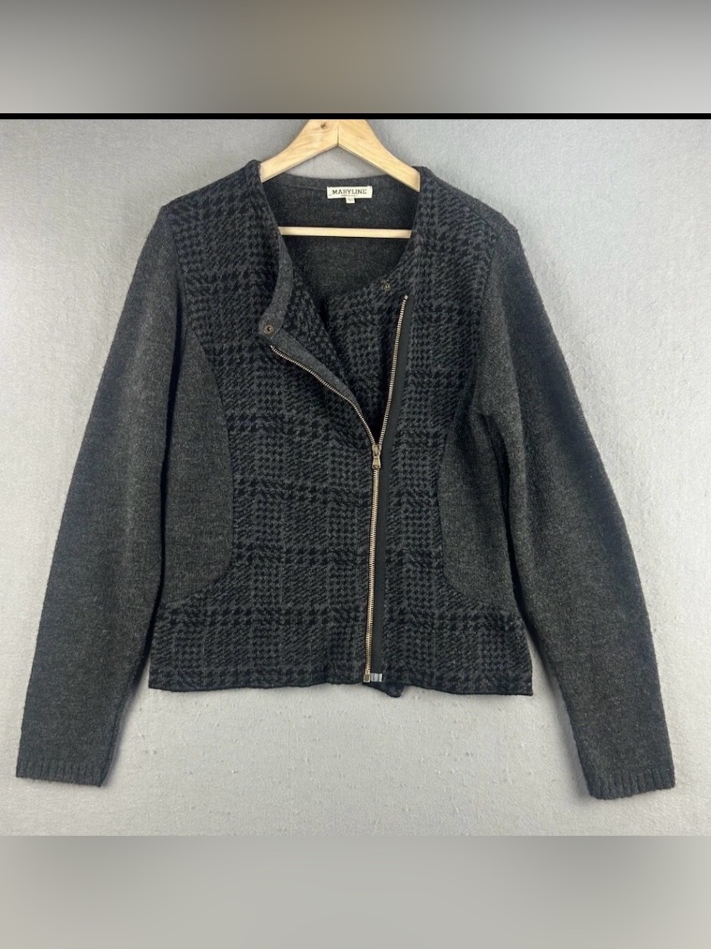 Maryline Women's Houndstooth Zip Sweater Large Gray Long Sleeve Wool Blend